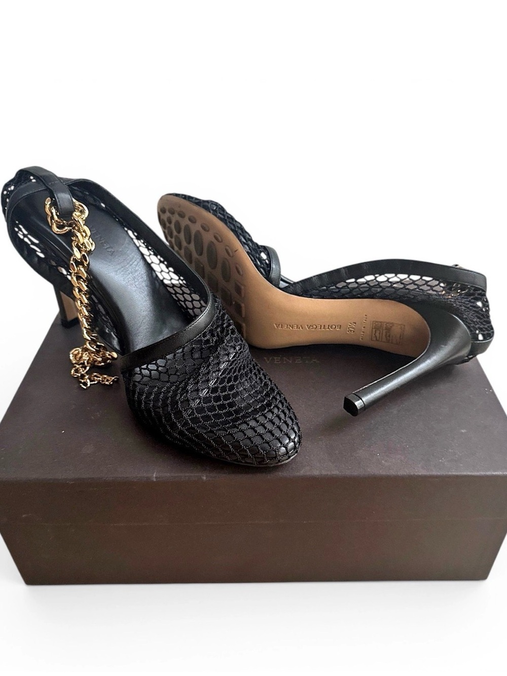 Bottega Veneta Black Mesh Slingback Heels with Gold Chain